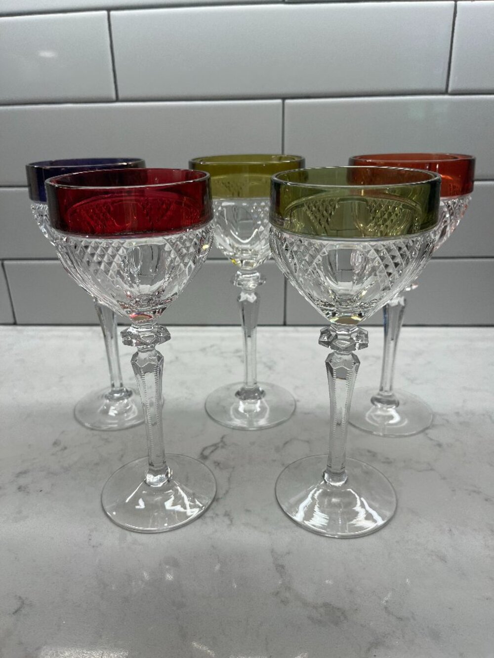 (5) Bohemian Cut Crystal Wine Glasses